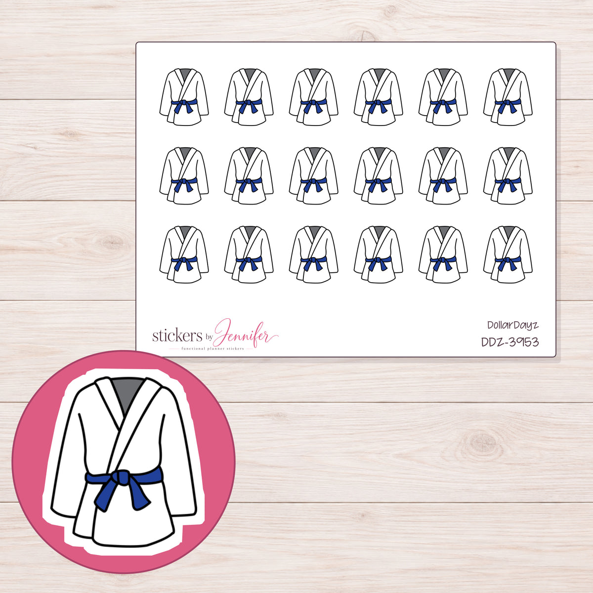 White Martial Arts Uniform Planner Stickers | DDZ-3953 — 4 × 3 inch sheet and enlarged sticker detail