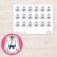 White Martial Arts Uniform Planner Stickers | DDZ-3953 — 4 × 3 inch sheet and enlarged sticker detail