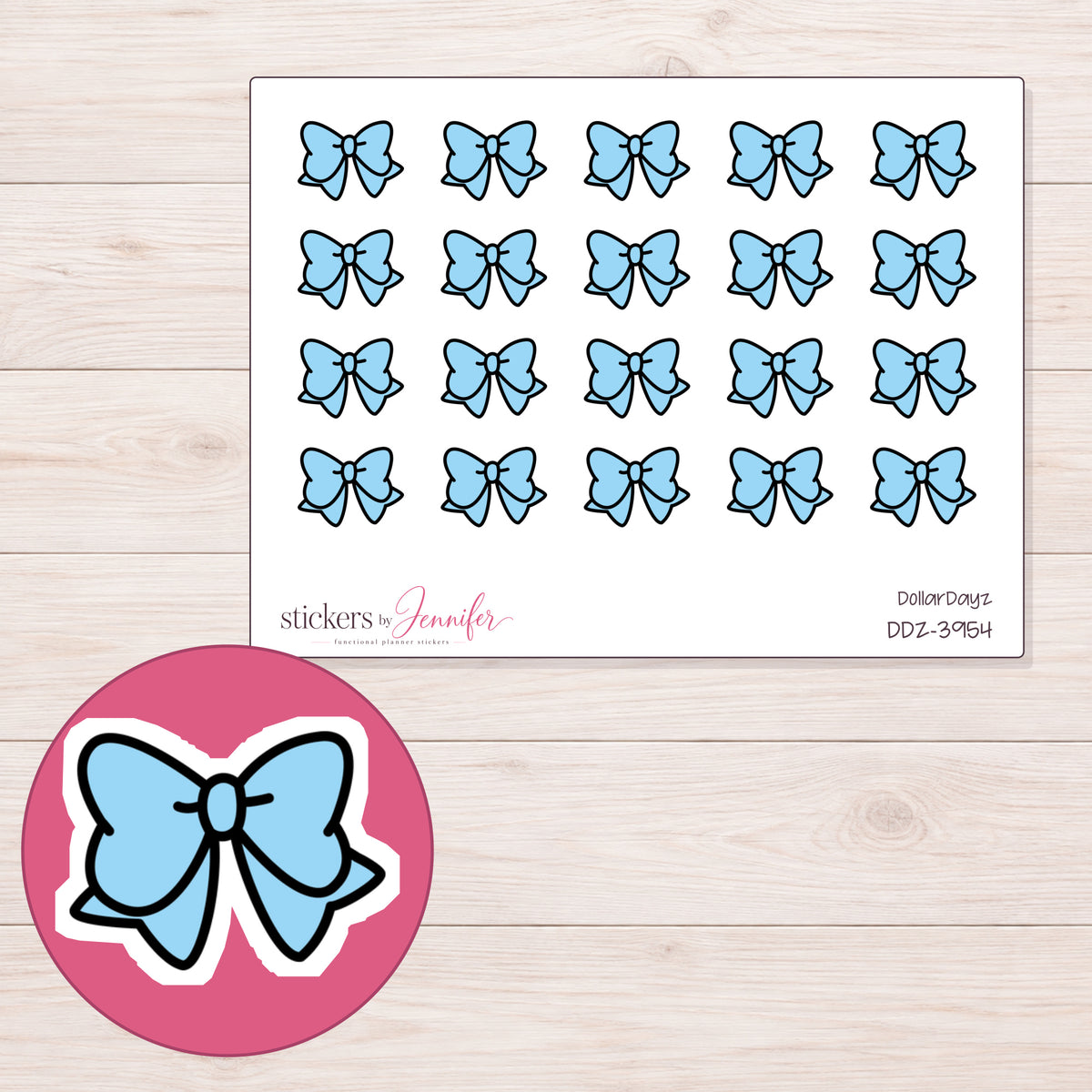 Blue Kawaii Bow Planner Stickers | DDZ-3954 — 4 × 3 inch sheet and enlarged sticker detail