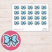 Blue Kawaii Bow Planner Stickers | DDZ-3954 — 4 × 3 inch sheet and enlarged sticker detail