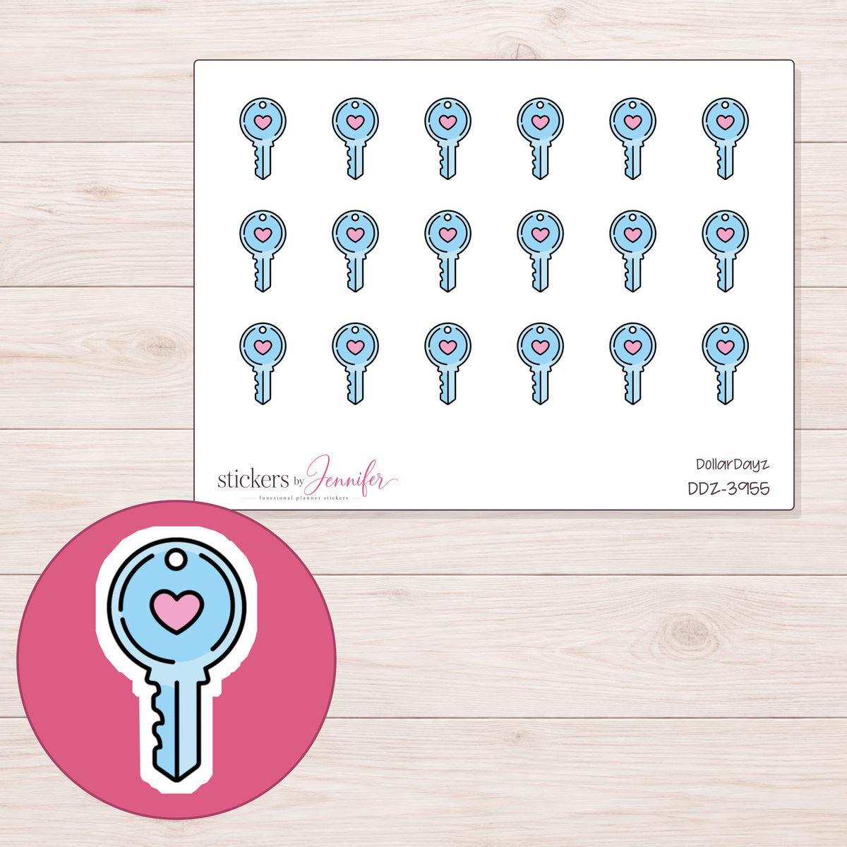 Blue Heart Key Planner Stickers | DDZ-3955 — 4 × 3 inch sheet and enlarged sticker detail