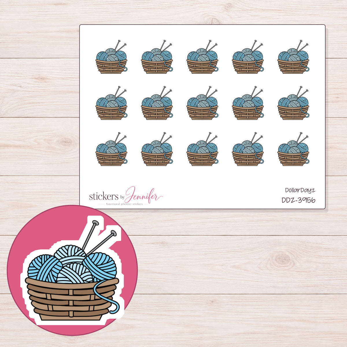 Blue Yarn Basket Planner Stickers | DDZ-3956 — 4 × 3 inch sheet and enlarged sticker detail