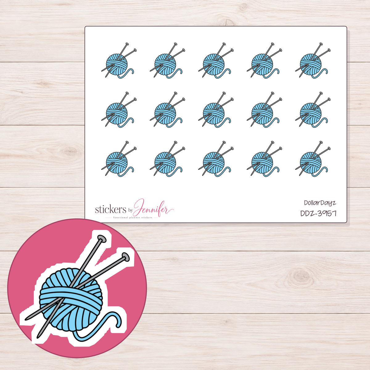 Blue Yarn Ball and Needles Planner Stickers | DDZ-3957 — 4 × 3 inch sheet and enlarged sticker detail