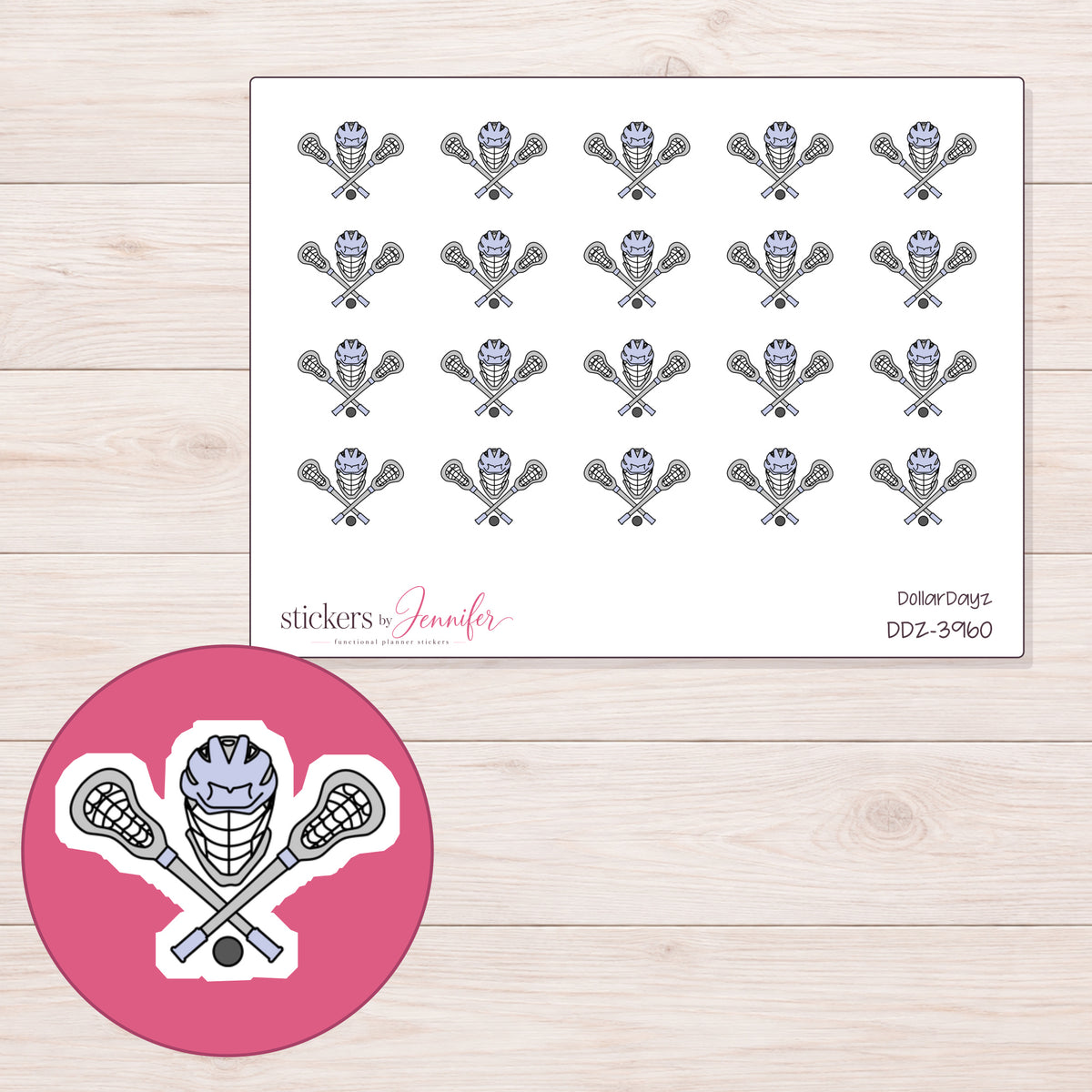 Lacrosse Sticks and Helmet Planner Stickers | DDZ-3960 — 4 × 3 inch sheet and enlarged sticker detail