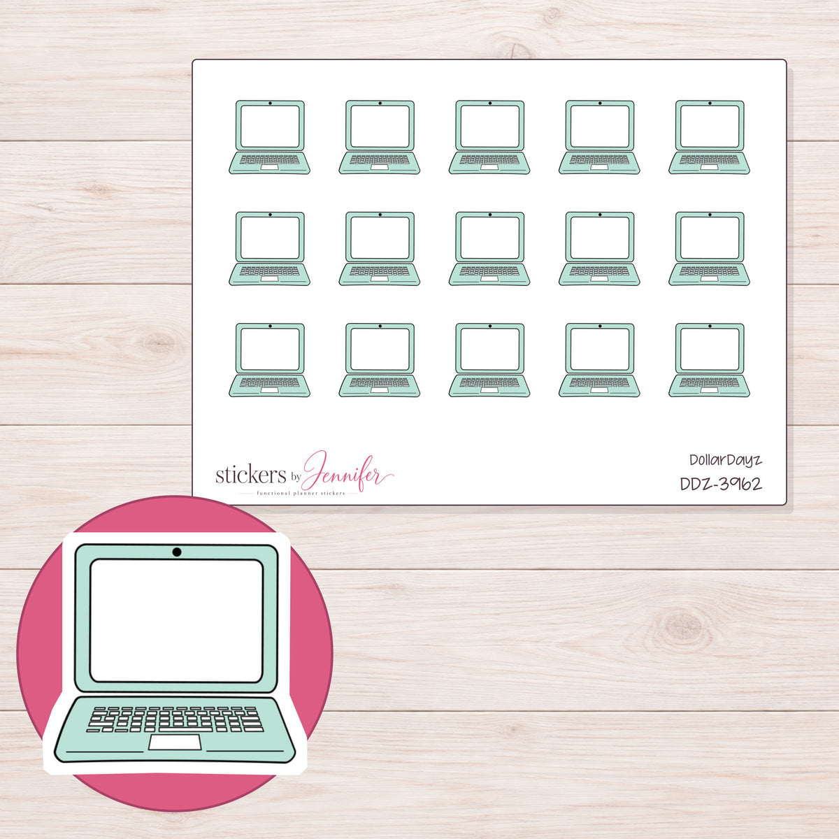 Mint Doodle Laptop Planner Stickers | DDZ-3962 — 4 × 3 inch sheet and enlarged sticker detail