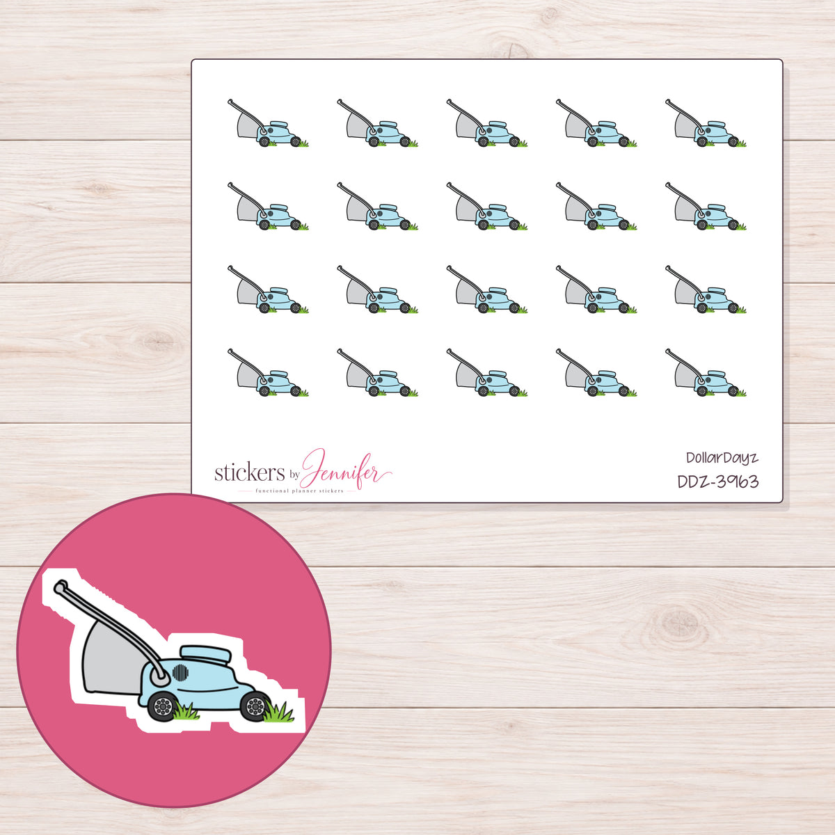 Pale Blue Lawn Mower Planner Stickers | DDZ-3963 — 4 × 3 inch sheet and enlarged sticker detail