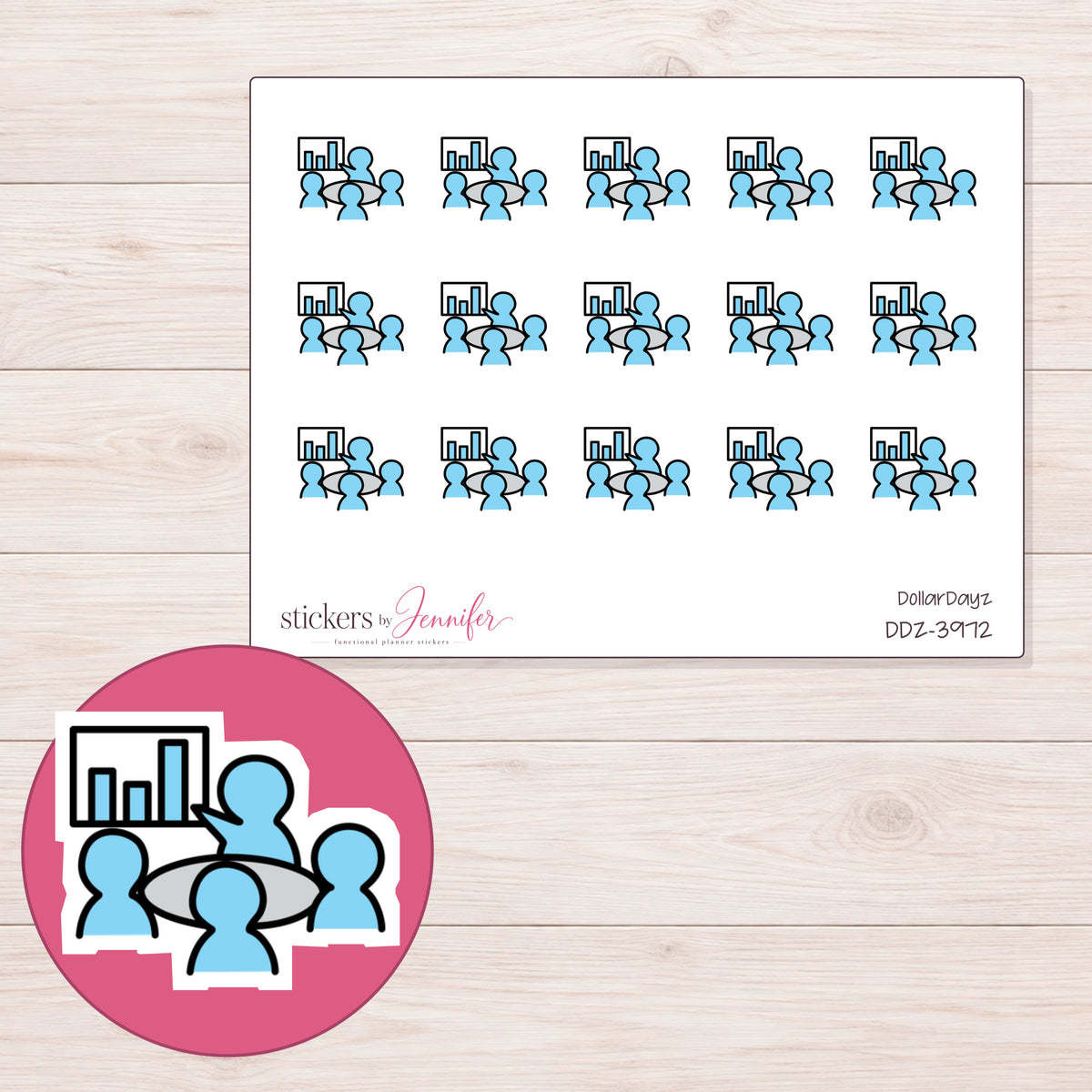 Blue Team Meeting Planner Stickers | DDZ-3972 — 4 × 3 inch sheet and enlarged sticker detail