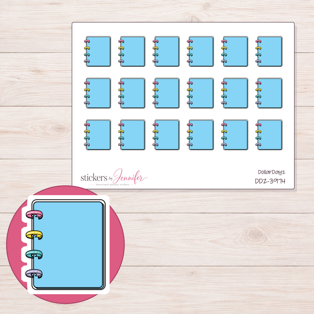 Blue Mini Disc Notebook Planner Stickers | DDZ-3974 — 4 × 3 inch sheet and enlarged sticker detail