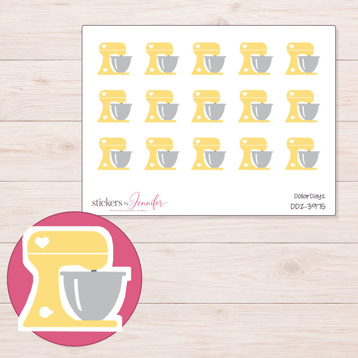 Yellow Heart Stand Mixer Planner Stickers | DDZ-3975 — 4 × 3 inch sheet and enlarged sticker detail