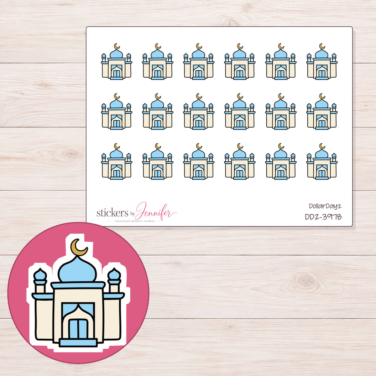 Blue Dome Mosque Planner Stickers | DDZ-3978 — 4 × 3 inch sheet and enlarged sticker detail