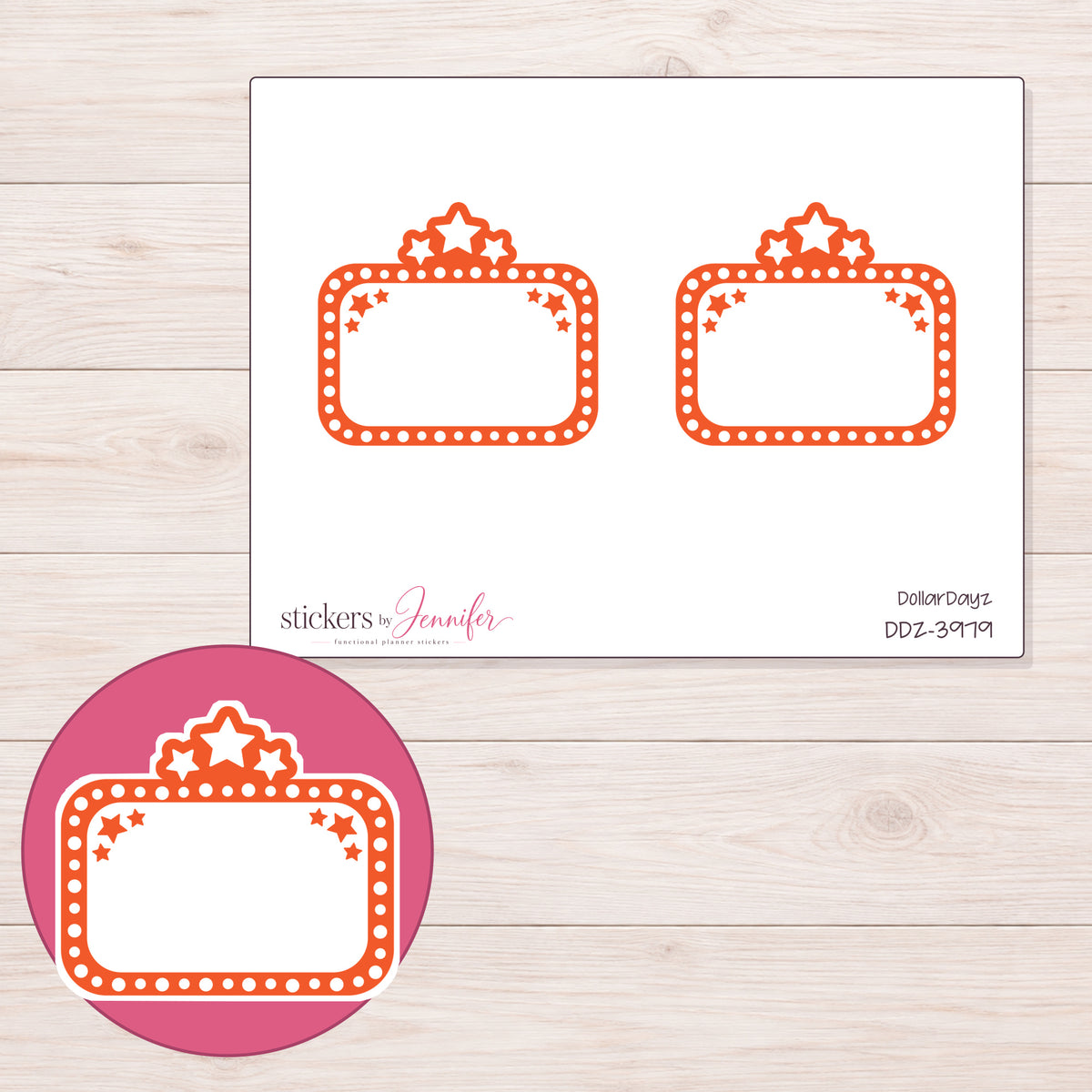 Orange Star Movie Marquee Planner Stickers | DDZ-3979 — 4 × 3 inch sheet and enlarged sticker detail