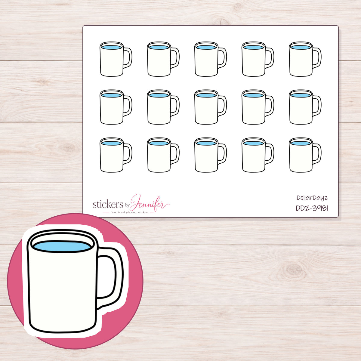 White Mug with Blue Interior Planner Stickers | DDZ-3981 — 4 × 3 inch sheet and enlarged sticker detail