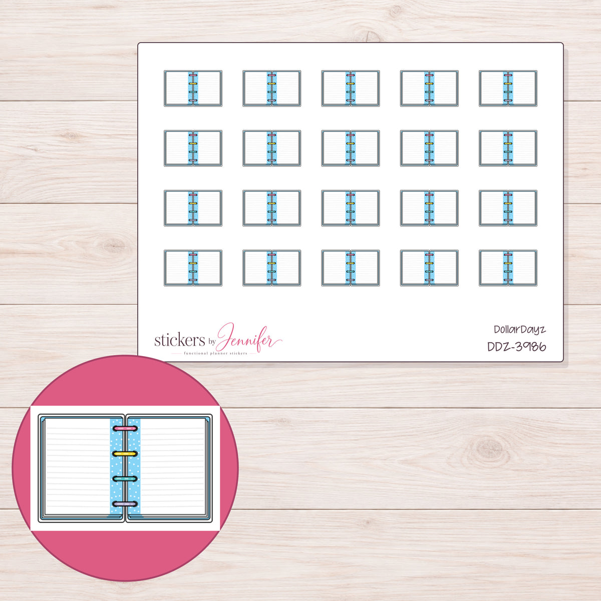 Open Blue Mini Notebook Planner Stickers | DDZ-3986 — 4 × 3 inch sheet and enlarged sticker detail