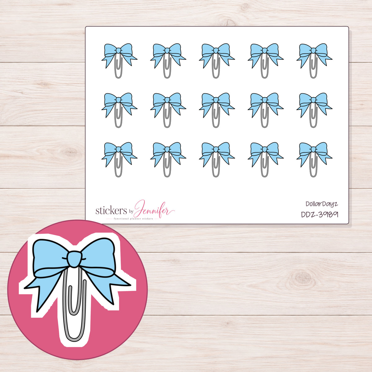 Blue Bow Paper Clip Planner Stickers | DDZ-3989 — 4 × 3 inch sheet and enlarged sticker detail