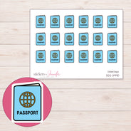Blue Passport Planner Stickers | DDZ-3990 — 4 × 3 inch sheet and enlarged sticker detail