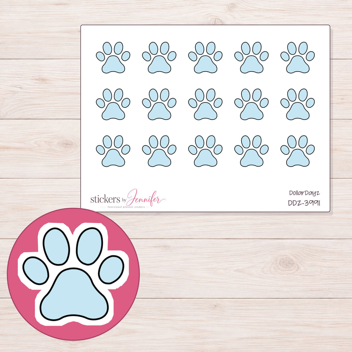 Solid Pale Blue Paw Print Planner Stickers | DDZ-3991 — 4 × 3 inch sheet and enlarged sticker detail