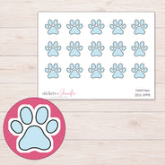 Solid Pale Blue Paw Print Planner Stickers | DDZ-3991 — 4 × 3 inch sheet and enlarged sticker detail