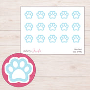 Pale Blue Outline Paw Print Planner Stickers | DDZ-3992 — 4 × 3 inch sheet and enlarged sticker detail