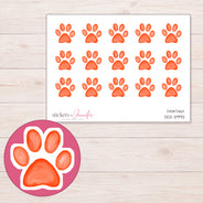 Bright Orange Watercolor Paw Planner Stickers | DDZ-3993 — 4 × 3 inch sheet and enlarged sticker detail