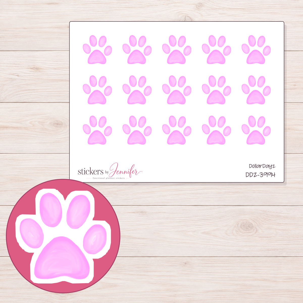 Pastel Pink Watercolor Paw Planner Stickers | DDZ-3994 — 4 × 3 inch sheet and enlarged sticker detail