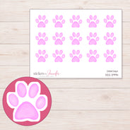 Pastel Pink Watercolor Paw Planner Stickers | DDZ-3994 — 4 × 3 inch sheet and enlarged sticker detail