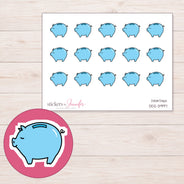 Blue Piggy Bank Planner Stickers | DDZ-3997 — 4 × 3 inch sheet and enlarged sticker detail