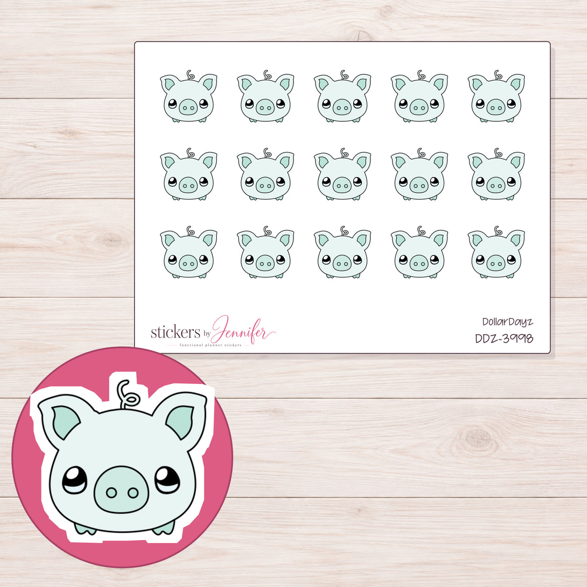 Mint Kawaii Piggy Bank Planner Stickers | DDZ-3998 — 4 × 3 inch sheet and enlarged sticker detail