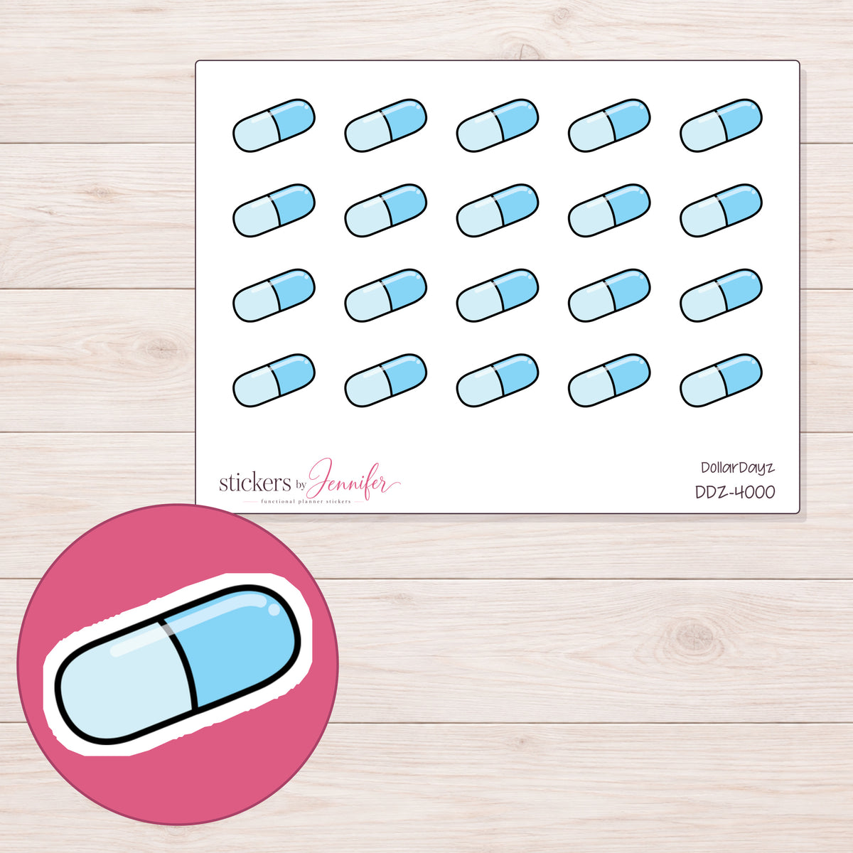Blue Capsule Planner Stickers | DDZ-4000 — 4 × 3 inch sheet and enlarged sticker detail