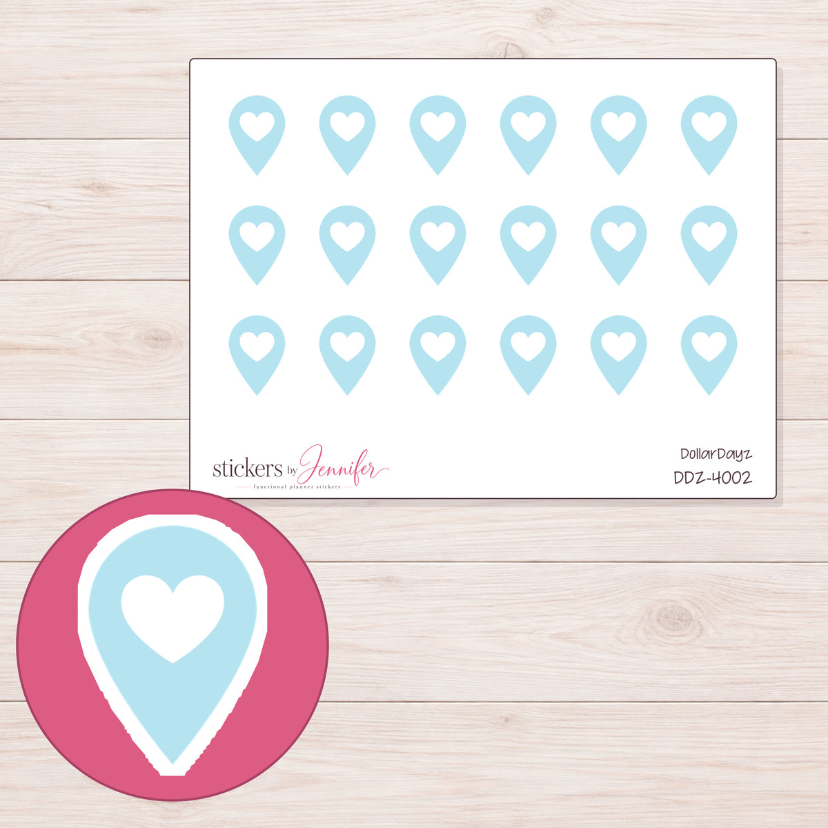 Blue Heart Location Pin Planner Stickers | DDZ-4002 — 4 × 3 inch sheet and enlarged sticker detail