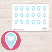 Blue Heart Location Pin Planner Stickers | DDZ-4002 — 4 × 3 inch sheet and enlarged sticker detail