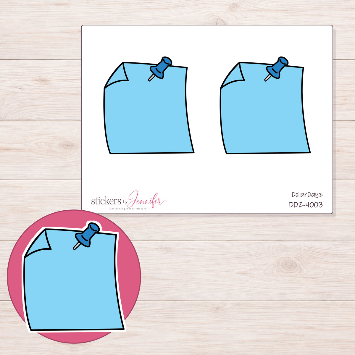 Blue Pinned Note Planner Stickers | DDZ-4003 — 4 × 3 inch sheet and enlarged sticker detail