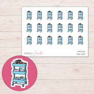 Blue Planner Supply Cart Planner Stickers | DDZ-4007 — 4 × 3 inch sheet and enlarged sticker detail