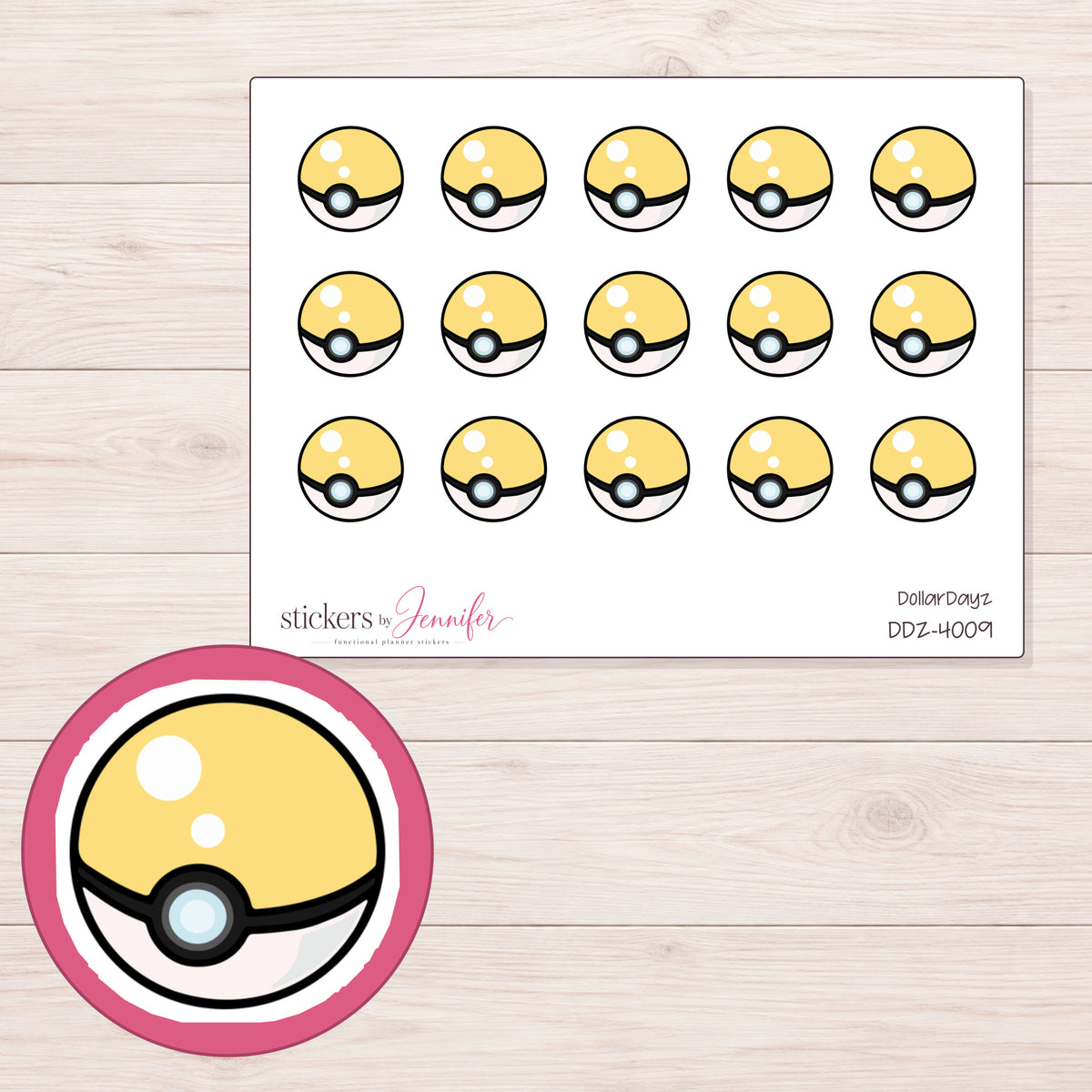 Yellow and White Poke Ball Planner Stickers | DDZ-4009 — 4 × 3 inch sheet and enlarged sticker detail