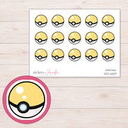 Yellow and White Poke Ball Planner Stickers | DDZ-4009 — 4 × 3 inch sheet and enlarged sticker detail