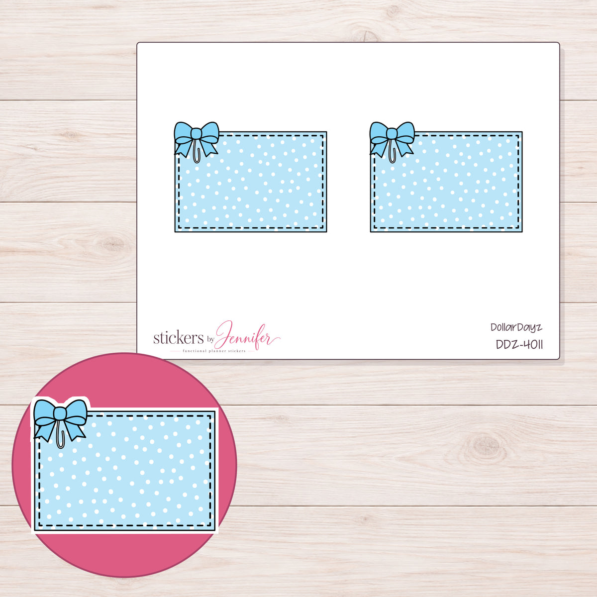 Blue Polka Dot Bow Half Box Planner Stickers | DDZ-4011 — 4 × 3 inch sheet and enlarged sticker detail