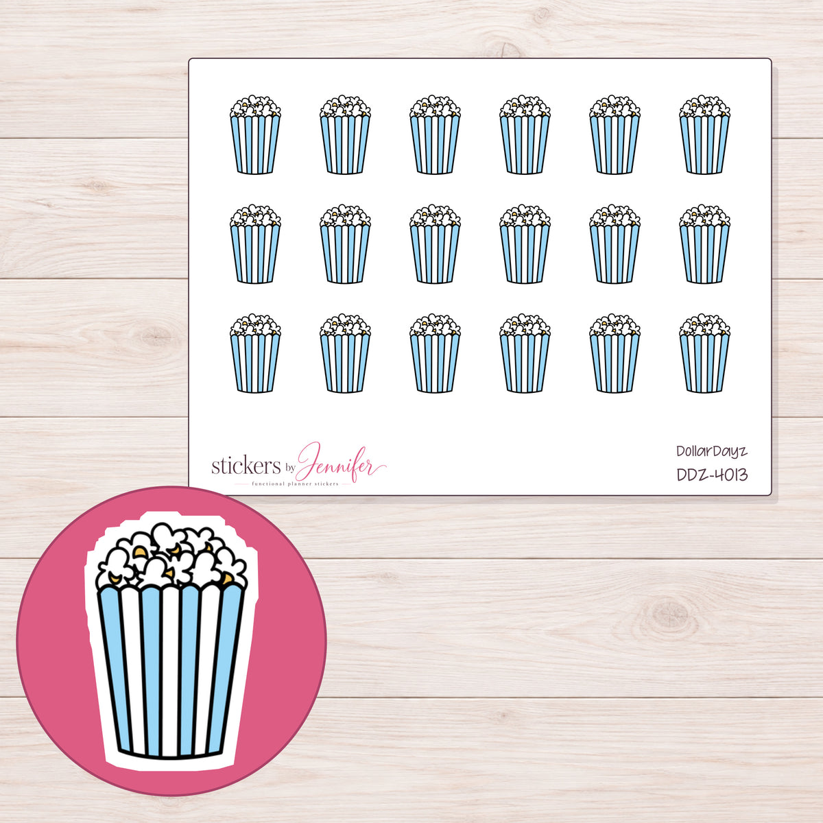 Blue Striped Popcorn Tub Planner Stickers | DDZ-4013 — 4 × 3 inch sheet and enlarged sticker detail