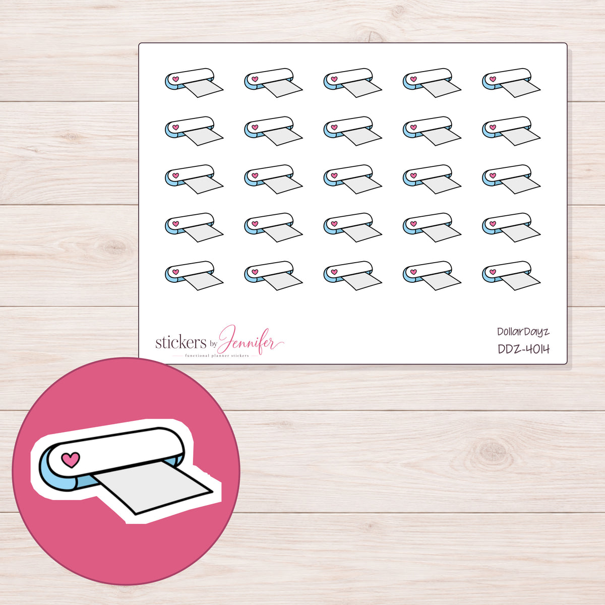 White Heart Craft Cutter Planner Stickers | DDZ-4014 — 4 × 3 inch sheet and enlarged sticker detail