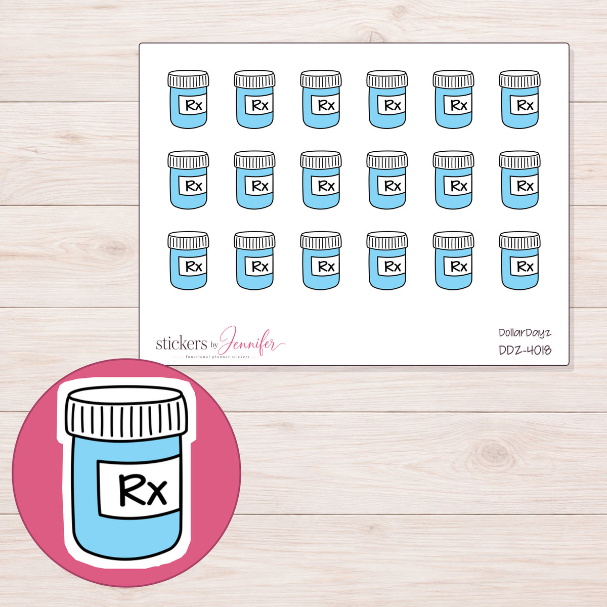Blue Prescription Bottle Planner Stickers | DDZ-4018 — 4 × 3 inch sheet and enlarged sticker detail
