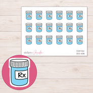 Blue Prescription Bottle Planner Stickers | DDZ-4018 — 4 × 3 inch sheet and enlarged sticker detail