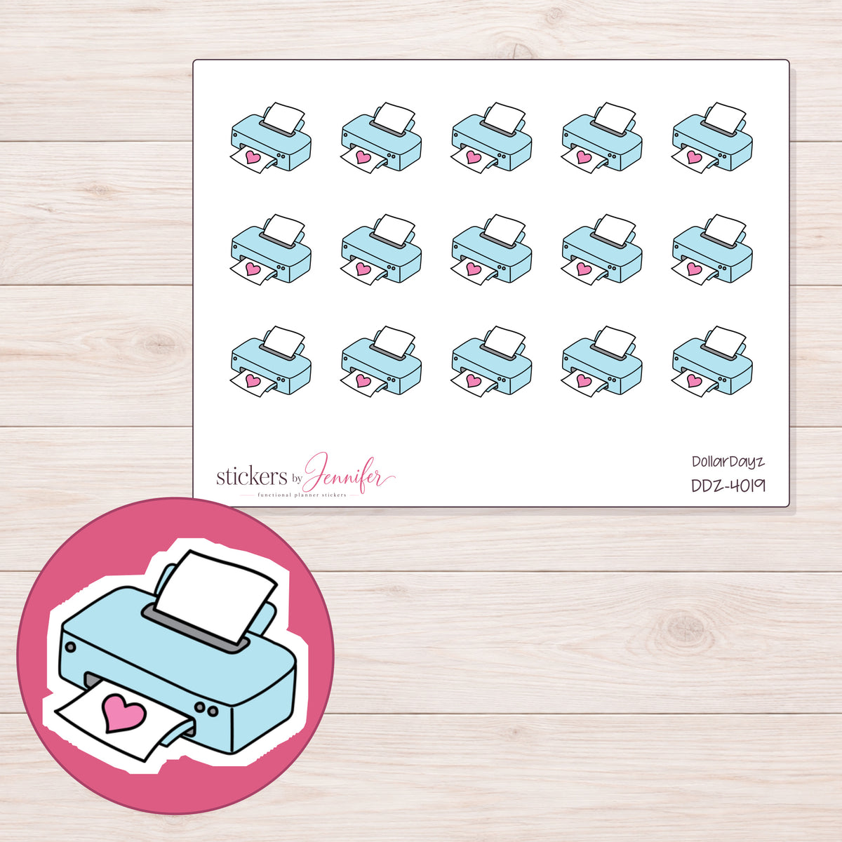 Blue Heart Printer Planner Stickers | DDZ-4019 — 4 × 3 inch sheet and enlarged sticker detail