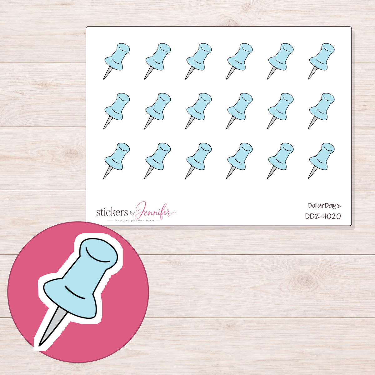 Blue Pushpin Planner Stickers | DDZ-4020 — 4 × 3 inch sheet and enlarged sticker detail