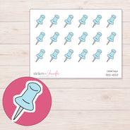 Blue Pushpin Planner Stickers | DDZ-4020 — 4 × 3 inch sheet and enlarged sticker detail
