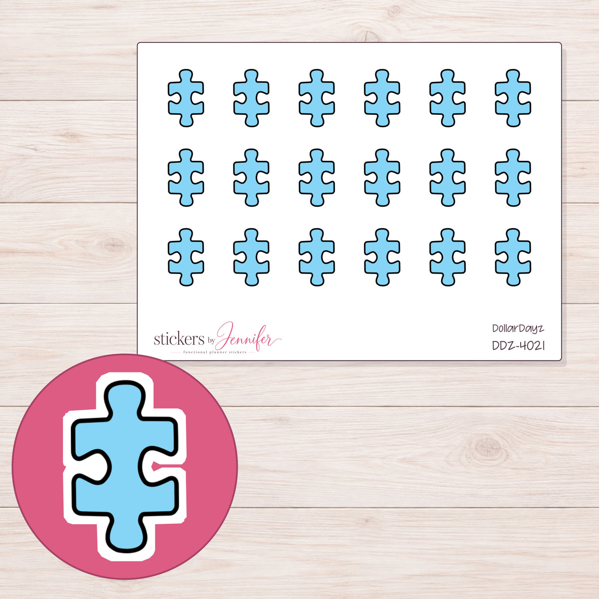Blue Puzzle Piece Planner Stickers | DDZ-4021 — 4 × 3 inch sheet and enlarged sticker detail