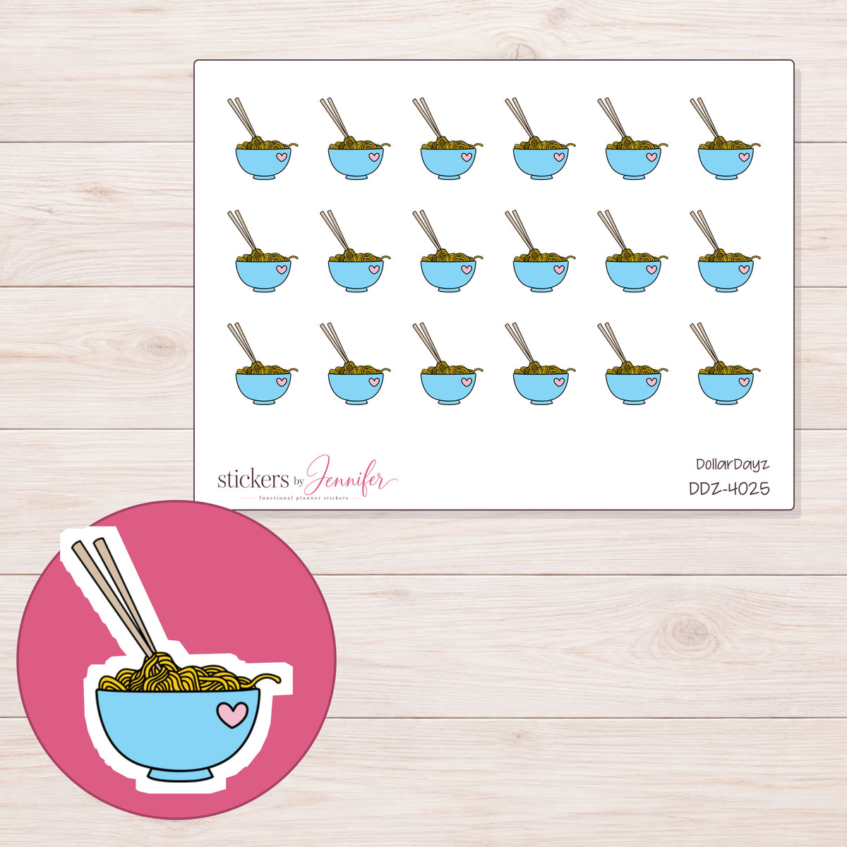 Blue Heart Ramen Bowl Planner Stickers | DDZ-4025 — 4 × 3 inch sheet and enlarged sticker detail