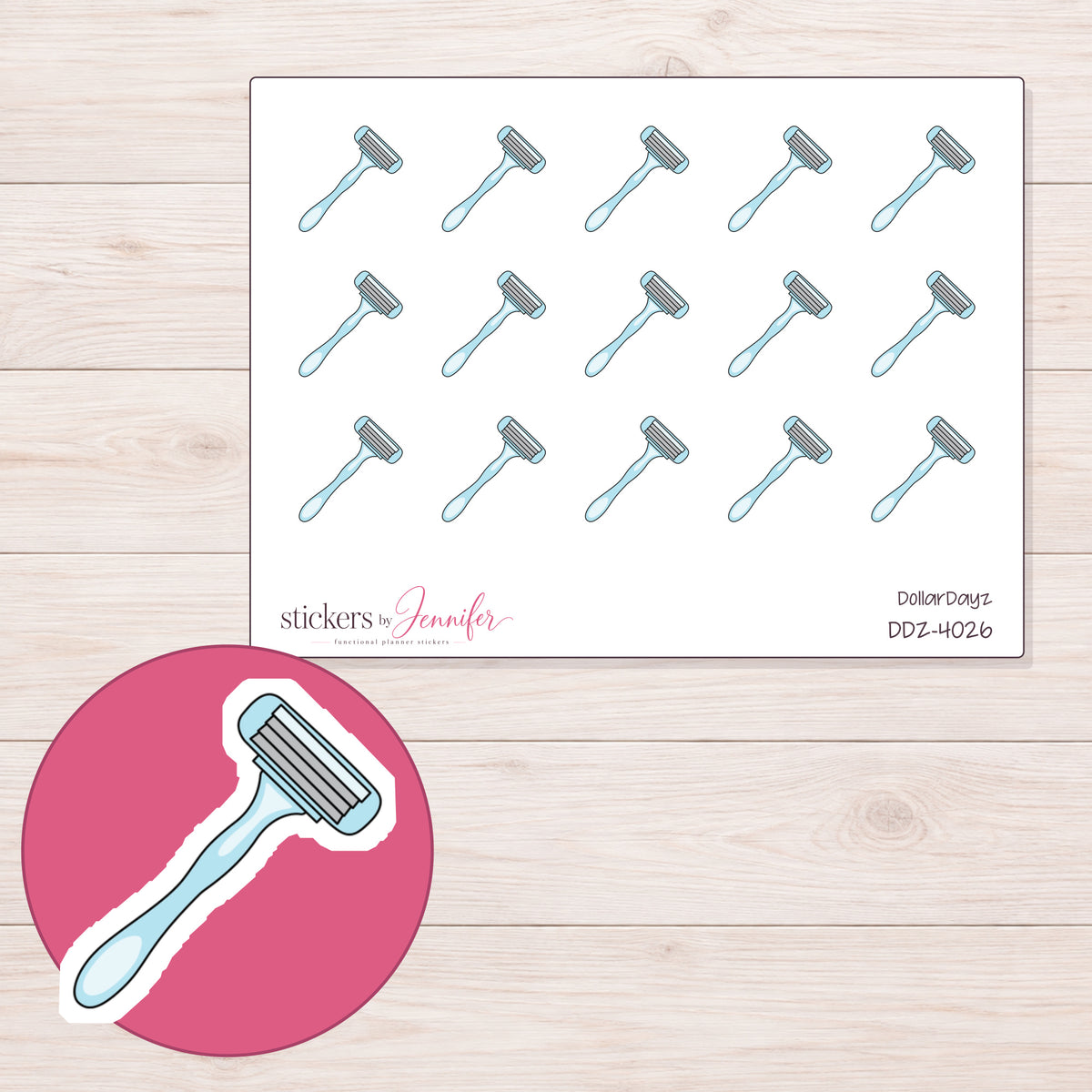 Blue Razor Planner Stickers | DDZ-4026 — 4 × 3 inch sheet and enlarged sticker detail