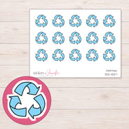 Blue Recycling Symbol Planner Stickers | DDZ-4027 — 4 × 3 inch sheet and enlarged sticker detail
