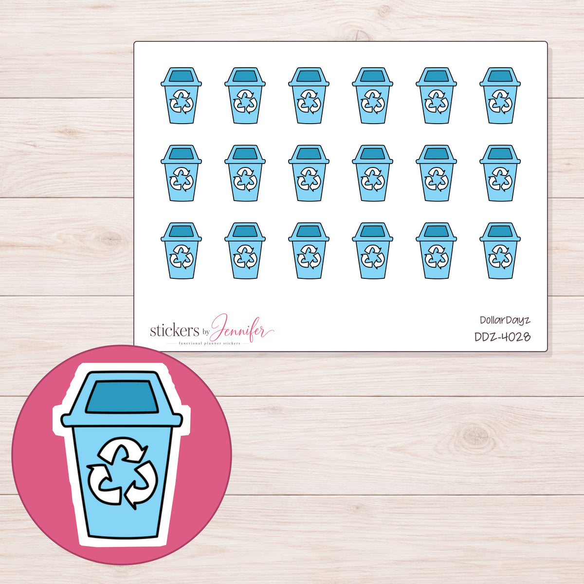 Blue Recycling Bin Planner Stickers | DDZ-4028 — 4 × 3 inch sheet and enlarged sticker detail
