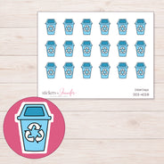 Blue Recycling Bin Planner Stickers | DDZ-4028 — 4 × 3 inch sheet and enlarged sticker detail