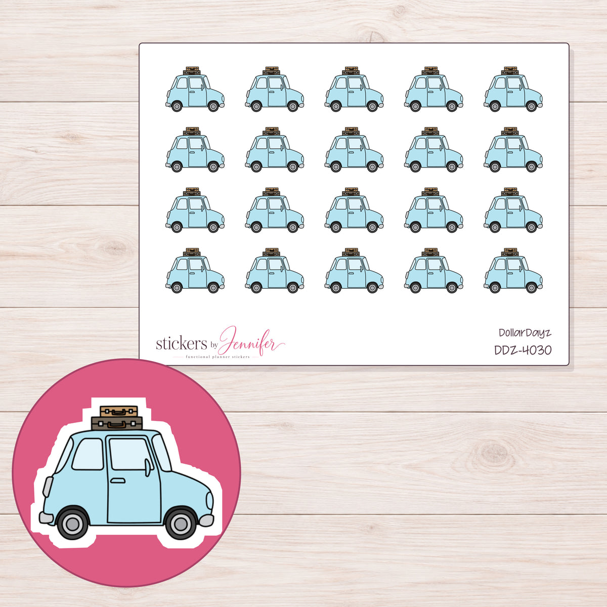 Blue Road Trip Car Planner Stickers | DDZ-4030 — 4 × 3 inch sheet and enlarged sticker detail