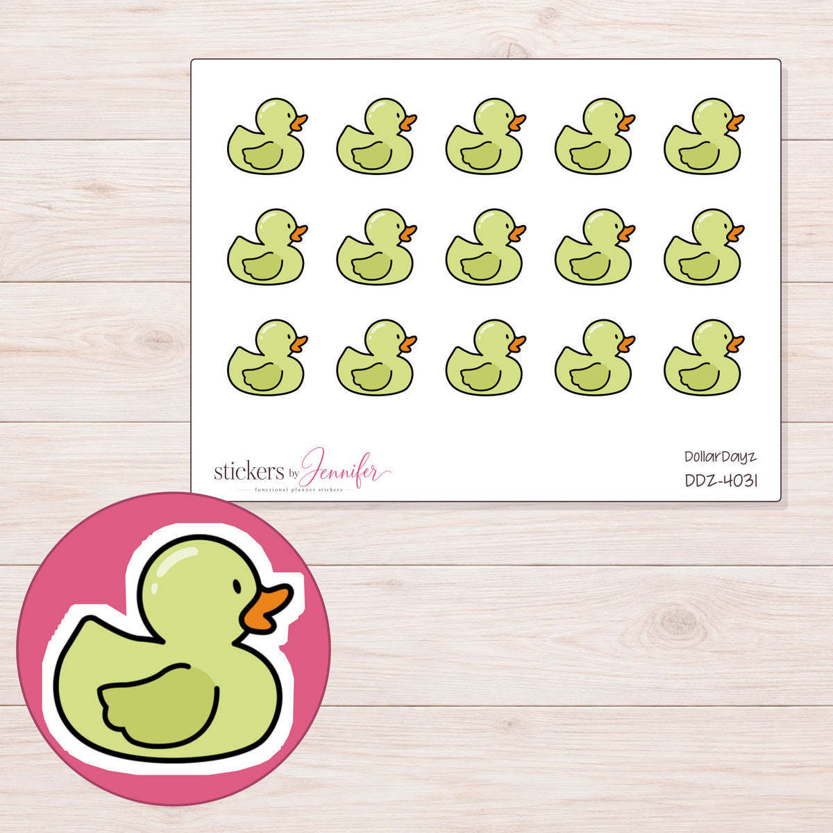 Lime Green Rubber Duck Planner Stickers | DDZ-4031 — 4 × 3 inch sheet and enlarged sticker detail